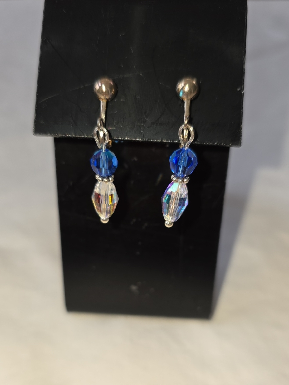 Swarovski Beaded Clip On Drop Dangle Earrings in Blue and Iridescent